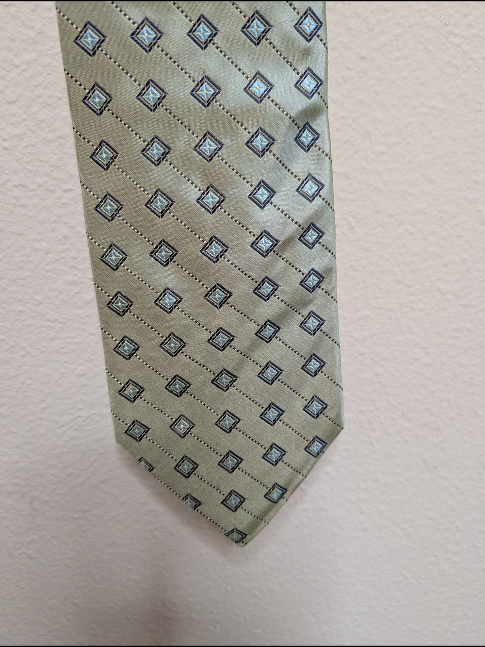 Stratford Tie Rack Silk Necktie Sage Green Diamond Print Made in England